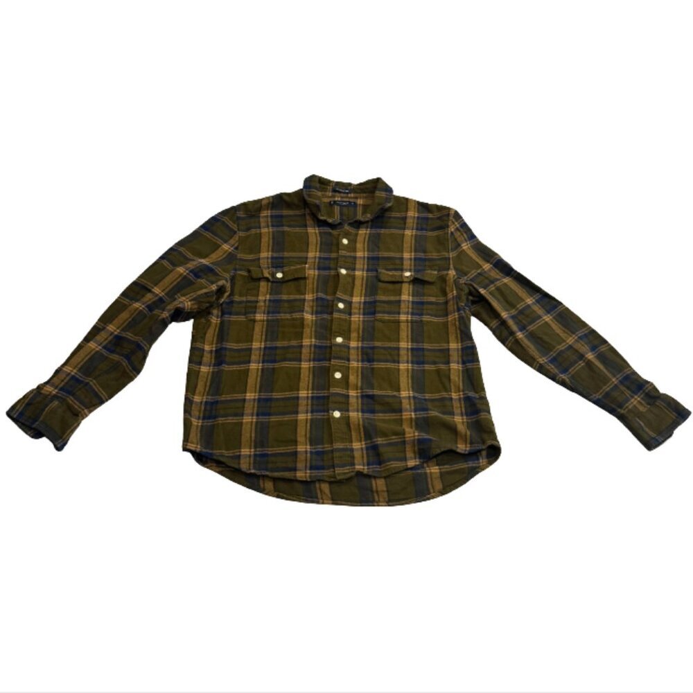 Lucky Brand Harvest Green Blue and Brown Flannel Plaid Button Down - Picture 2 of 5